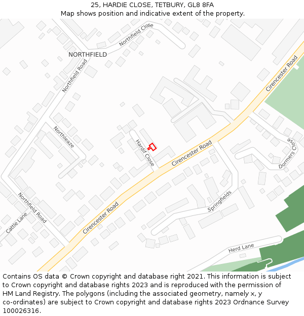 25, HARDIE CLOSE, TETBURY, GL8 8FA: Location map and indicative extent of plot
