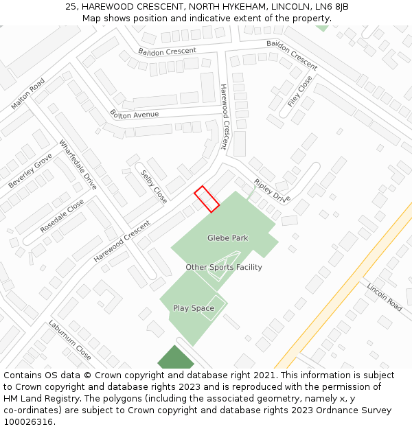 25, HAREWOOD CRESCENT, NORTH HYKEHAM, LINCOLN, LN6 8JB: Location map and indicative extent of plot