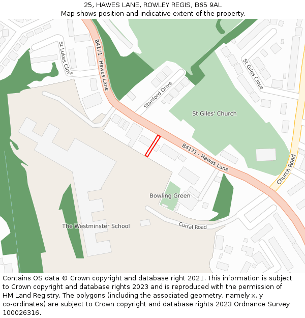 25, HAWES LANE, ROWLEY REGIS, B65 9AL: Location map and indicative extent of plot