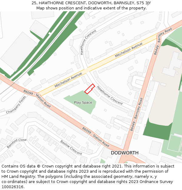 25, HAWTHORNE CRESCENT, DODWORTH, BARNSLEY, S75 3JY: Location map and indicative extent of plot
