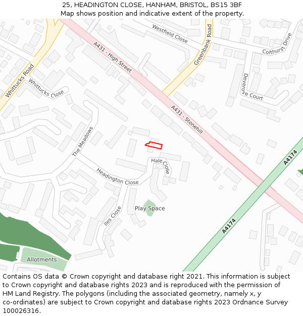 25, HEADINGTON CLOSE, HANHAM, BRISTOL, BS15 3BF: Location map and indicative extent of plot