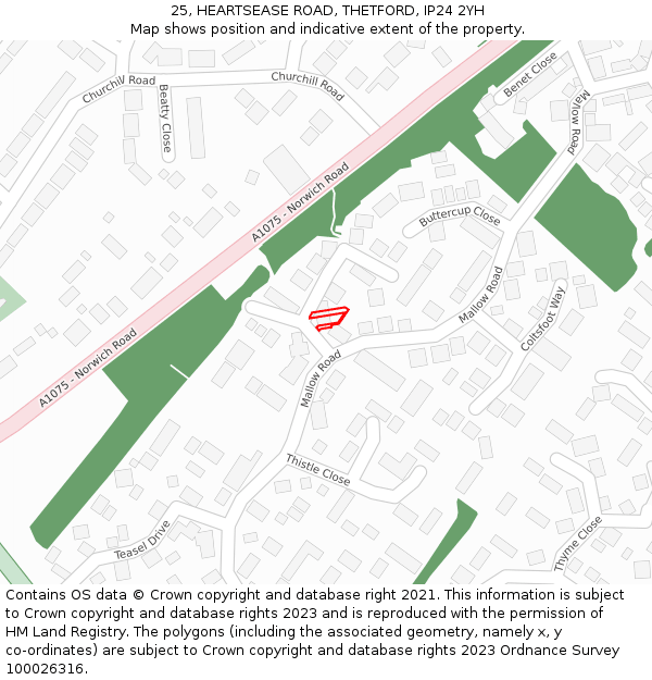 25, HEARTSEASE ROAD, THETFORD, IP24 2YH: Location map and indicative extent of plot