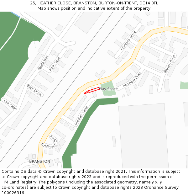 25, HEATHER CLOSE, BRANSTON, BURTON-ON-TRENT, DE14 3FL: Location map and indicative extent of plot