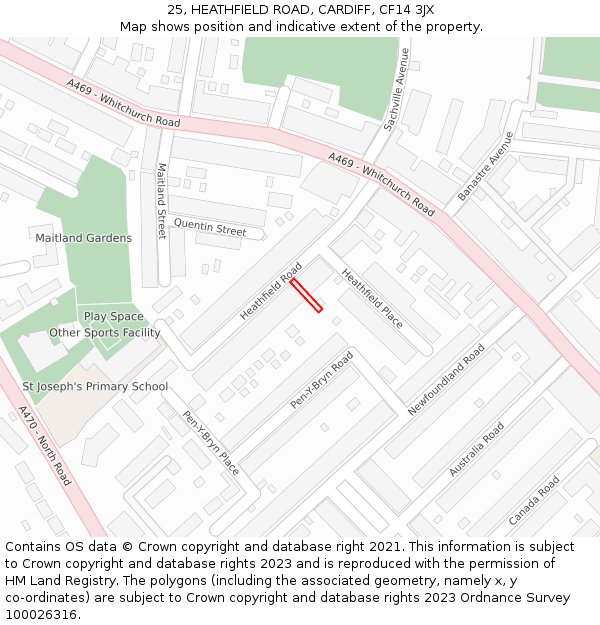 25, HEATHFIELD ROAD, CARDIFF, CF14 3JX: Location map and indicative extent of plot
