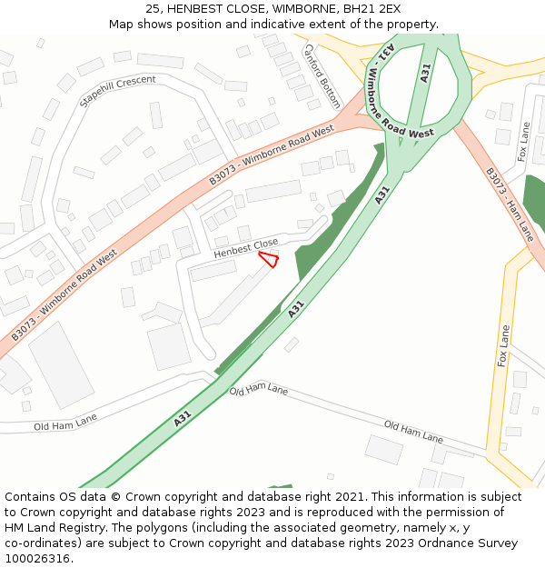 25, HENBEST CLOSE, WIMBORNE, BH21 2EX: Location map and indicative extent of plot