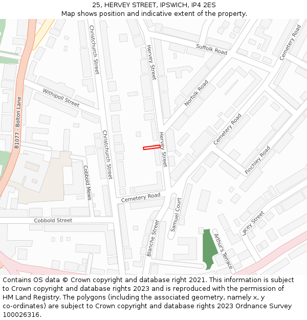 25, HERVEY STREET, IPSWICH, IP4 2ES: Location map and indicative extent of plot