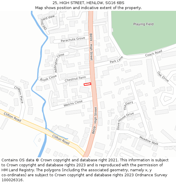 25, HIGH STREET, HENLOW, SG16 6BS: Location map and indicative extent of plot