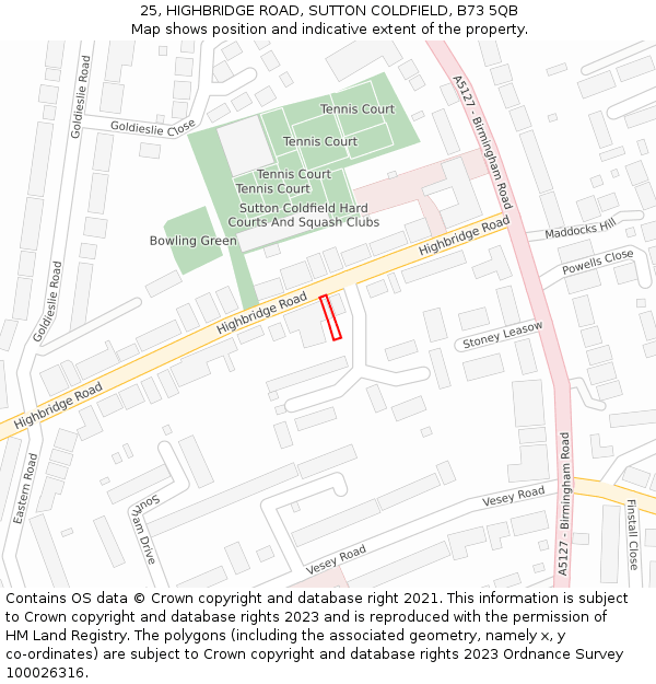 25, HIGHBRIDGE ROAD, SUTTON COLDFIELD, B73 5QB: Location map and indicative extent of plot