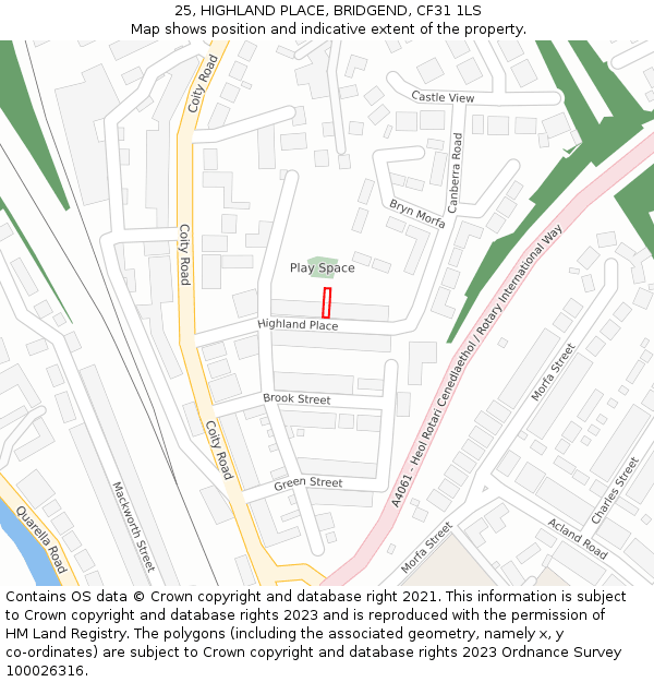 25, HIGHLAND PLACE, BRIDGEND, CF31 1LS: Location map and indicative extent of plot