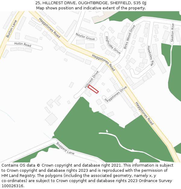 25, HILLCREST DRIVE, OUGHTIBRIDGE, SHEFFIELD, S35 0JJ: Location map and indicative extent of plot