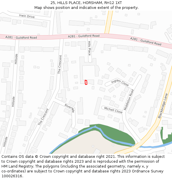 25, HILLS PLACE, HORSHAM, RH12 1XT: Location map and indicative extent of plot
