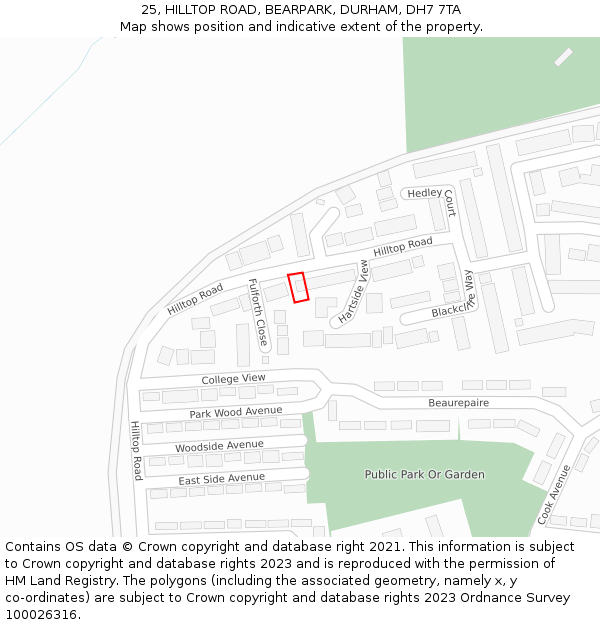 25, HILLTOP ROAD, BEARPARK, DURHAM, DH7 7TA: Location map and indicative extent of plot