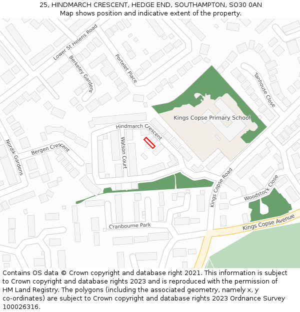 25, HINDMARCH CRESCENT, HEDGE END, SOUTHAMPTON, SO30 0AN: Location map and indicative extent of plot