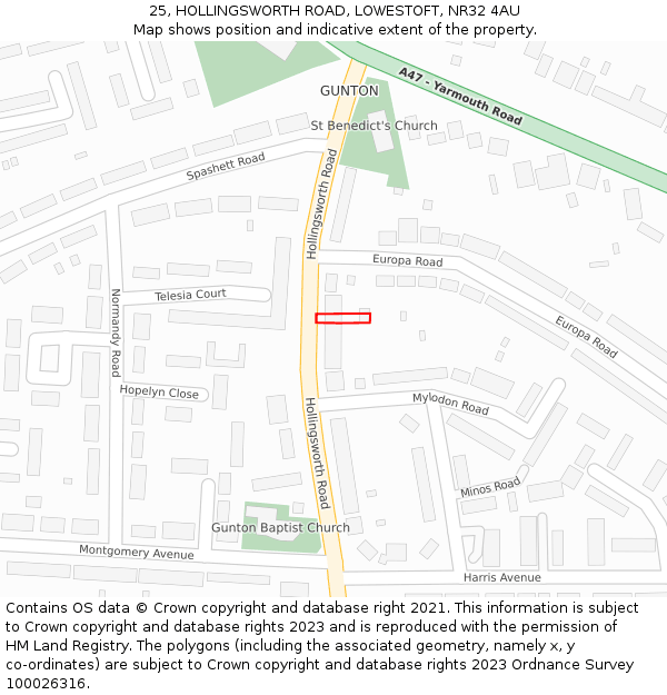 25, HOLLINGSWORTH ROAD, LOWESTOFT, NR32 4AU: Location map and indicative extent of plot