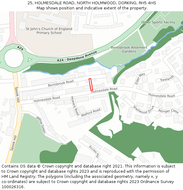 25, HOLMESDALE ROAD, NORTH HOLMWOOD, DORKING, RH5 4HS: Location map and indicative extent of plot
