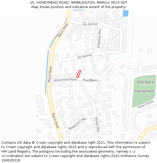 25, HONEYMEAD ROAD, WIMBLINGTON, MARCH, PE15 0NT: Location map and indicative extent of plot