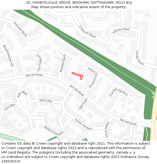 25, HONEYSUCKLE GROVE, BINGHAM, NOTTINGHAM, NG13 8UJ: Location map and indicative extent of plot
