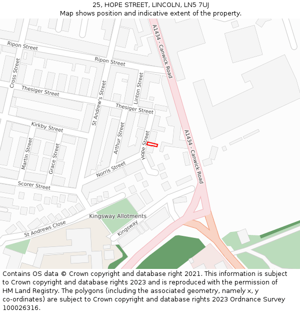 25, HOPE STREET, LINCOLN, LN5 7UJ: Location map and indicative extent of plot