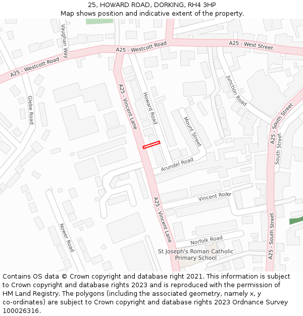 25, HOWARD ROAD, DORKING, RH4 3HP: Location map and indicative extent of plot