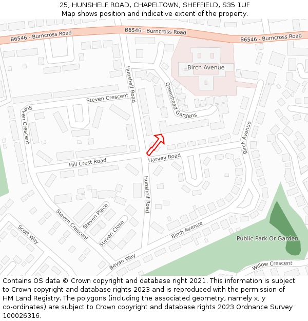 25, HUNSHELF ROAD, CHAPELTOWN, SHEFFIELD, S35 1UF: Location map and indicative extent of plot
