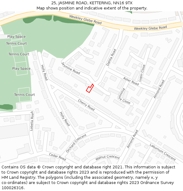 25, JASMINE ROAD, KETTERING, NN16 9TX: Location map and indicative extent of plot