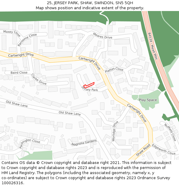 25, JERSEY PARK, SHAW, SWINDON, SN5 5QH: Location map and indicative extent of plot