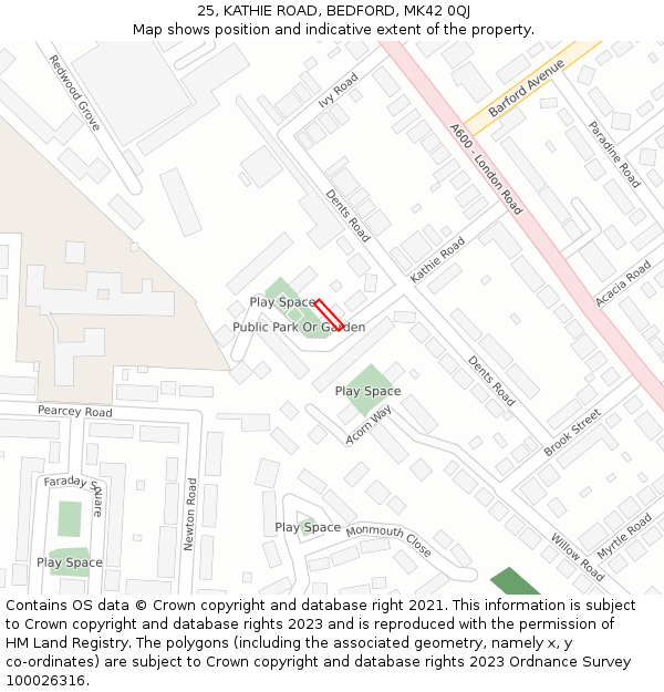 25, KATHIE ROAD, BEDFORD, MK42 0QJ: Location map and indicative extent of plot