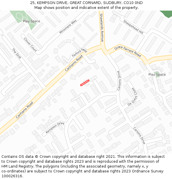 25, KEMPSON DRIVE, GREAT CORNARD, SUDBURY, CO10 0ND: Location map and indicative extent of plot