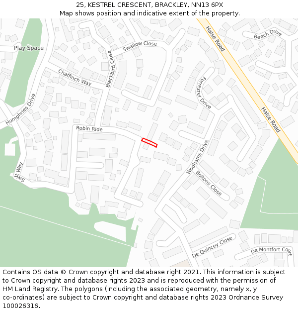 25, KESTREL CRESCENT, BRACKLEY, NN13 6PX: Location map and indicative extent of plot