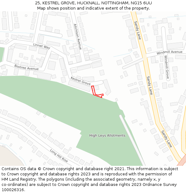 25, KESTREL GROVE, HUCKNALL, NOTTINGHAM, NG15 6UU: Location map and indicative extent of plot