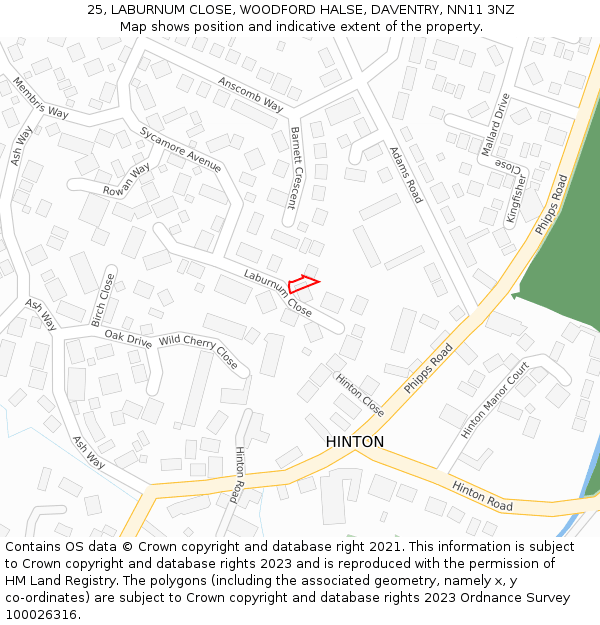 25, LABURNUM CLOSE, WOODFORD HALSE, DAVENTRY, NN11 3NZ: Location map and indicative extent of plot