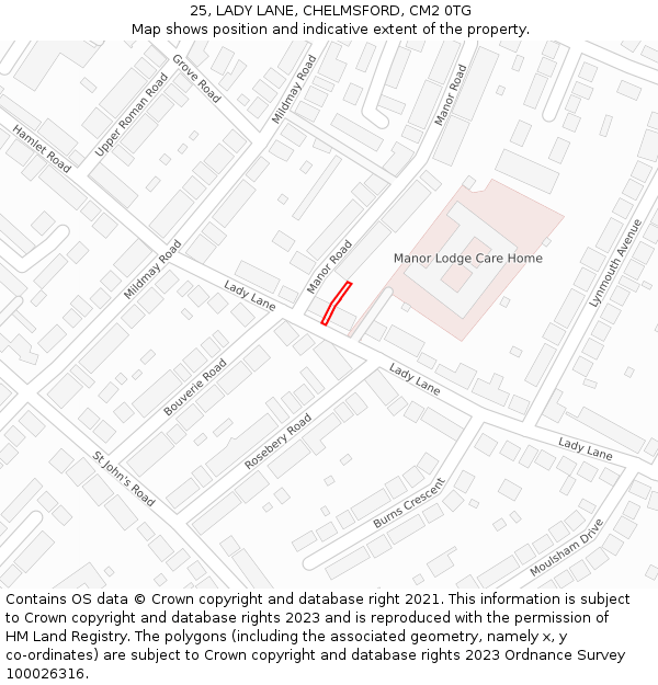 25, LADY LANE, CHELMSFORD, CM2 0TG: Location map and indicative extent of plot