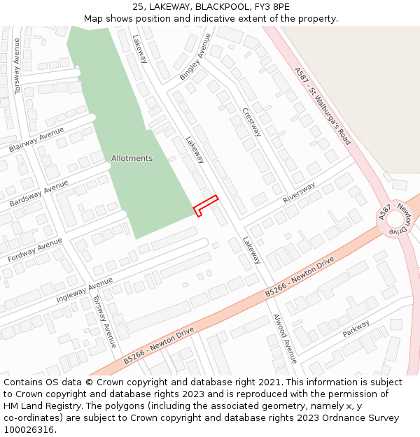 25, LAKEWAY, BLACKPOOL, FY3 8PE: Location map and indicative extent of plot