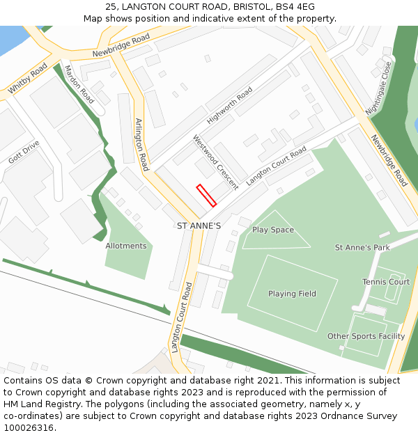 25, LANGTON COURT ROAD, BRISTOL, BS4 4EG: Location map and indicative extent of plot