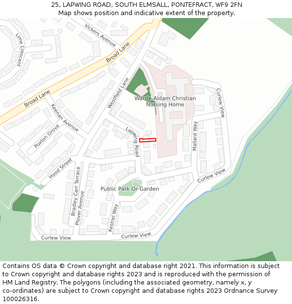25, LAPWING ROAD, SOUTH ELMSALL, PONTEFRACT, WF9 2FN: Location map and indicative extent of plot