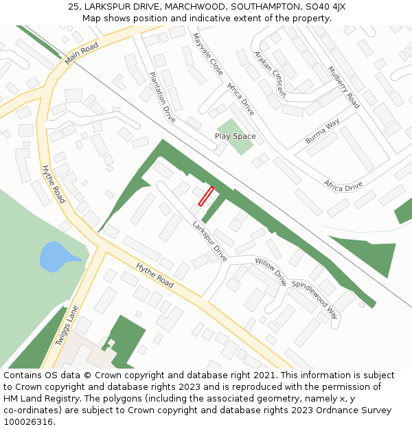 25, LARKSPUR DRIVE, MARCHWOOD, SOUTHAMPTON, SO40 4JX: Location map and indicative extent of plot