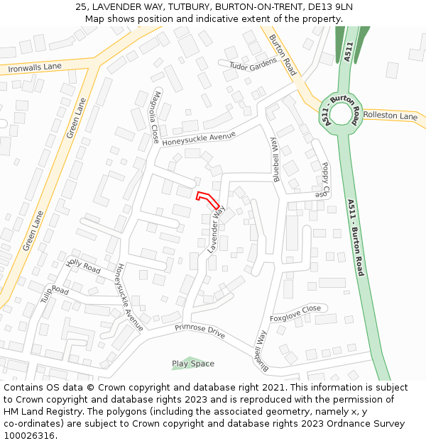 25, LAVENDER WAY, TUTBURY, BURTON-ON-TRENT, DE13 9LN: Location map and indicative extent of plot