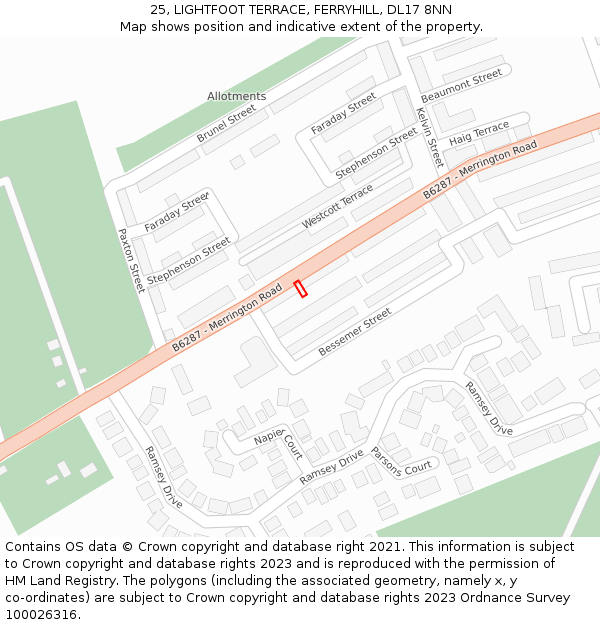 25, LIGHTFOOT TERRACE, FERRYHILL, DL17 8NN: Location map and indicative extent of plot