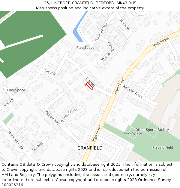 25, LINCROFT, CRANFIELD, BEDFORD, MK43 0HS: Location map and indicative extent of plot