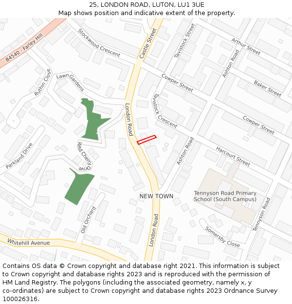 25, LONDON ROAD, LUTON, LU1 3UE: Location map and indicative extent of plot