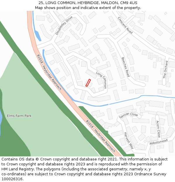25, LONG COMMON, HEYBRIDGE, MALDON, CM9 4US: Location map and indicative extent of plot