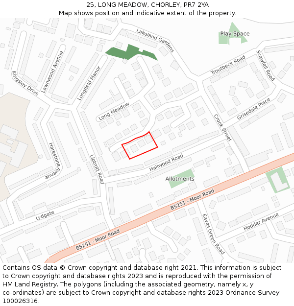 25, LONG MEADOW, CHORLEY, PR7 2YA: Location map and indicative extent of plot