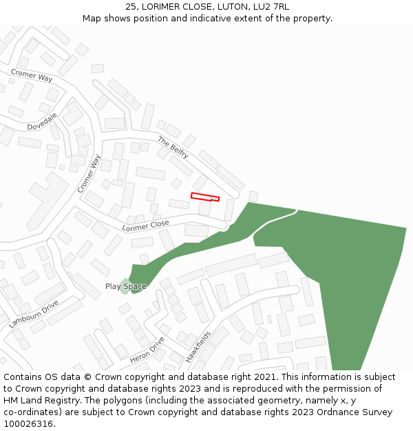 25, LORIMER CLOSE, LUTON, LU2 7RL: Location map and indicative extent of plot
