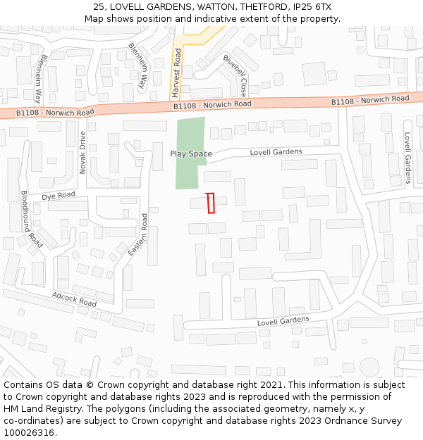 25, LOVELL GARDENS, WATTON, THETFORD, IP25 6TX: Location map and indicative extent of plot