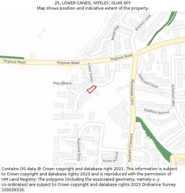 25, LOWER CANES, YATELEY, GU46 6PY: Location map and indicative extent of plot