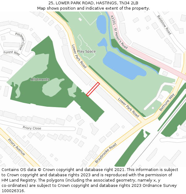 25, LOWER PARK ROAD, HASTINGS, TN34 2LB: Location map and indicative extent of plot
