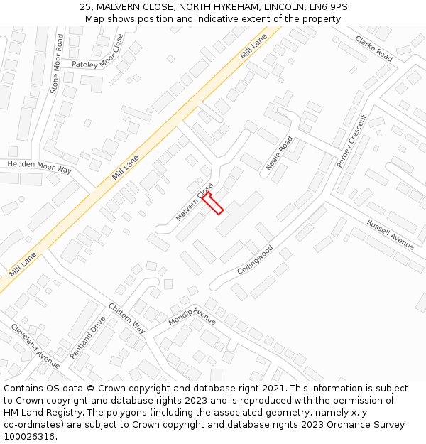 25, MALVERN CLOSE, NORTH HYKEHAM, LINCOLN, LN6 9PS: Location map and indicative extent of plot