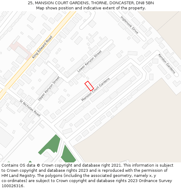 25, MANSION COURT GARDENS, THORNE, DONCASTER, DN8 5BN: Location map and indicative extent of plot