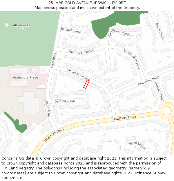 25, MARIGOLD AVENUE, IPSWICH, IP2 0PZ: Location map and indicative extent of plot
