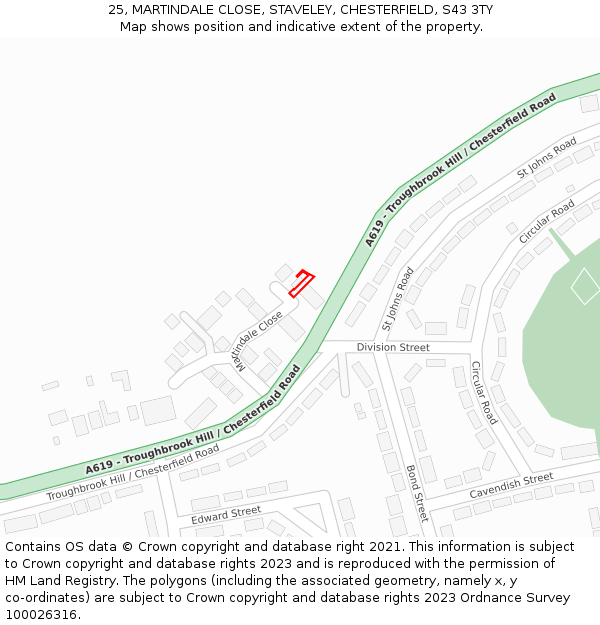 25, MARTINDALE CLOSE, STAVELEY, CHESTERFIELD, S43 3TY: Location map and indicative extent of plot